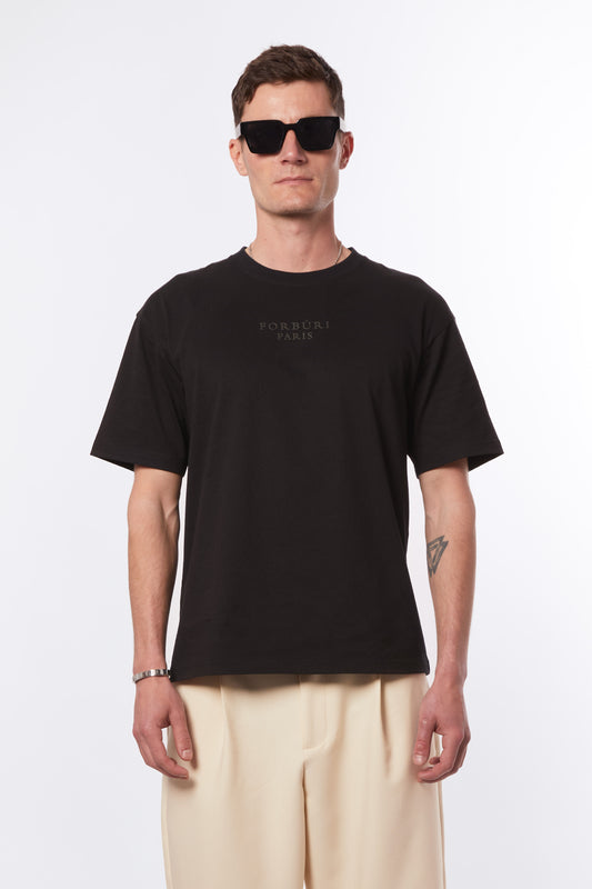 “Phantom black men’s T-shirt by Forburi – premium minimalist cotton tee with discreet logo – ideal for modern urban fashion lovers, inspired by COS and AMI Paris (t-shirt noir homme, look essentiel d'été, vibes de la Riviera, Forburi Paris)”