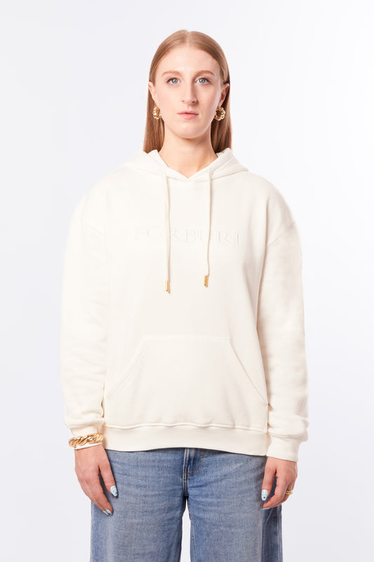 Forburi ecru hoodie for women – minimalist beige cotton hoodie with a relaxed fit and subtle logo, ideal for summer layering. Keywords: ecru hoodie women, hoodie femme beige, hoodie coton été, casualwear femme, neutral hoodie for women, chic décontracté, paris summer vibes, riviera vibes, Forburi Paris, Forburi, womenswear, womenswearcasual